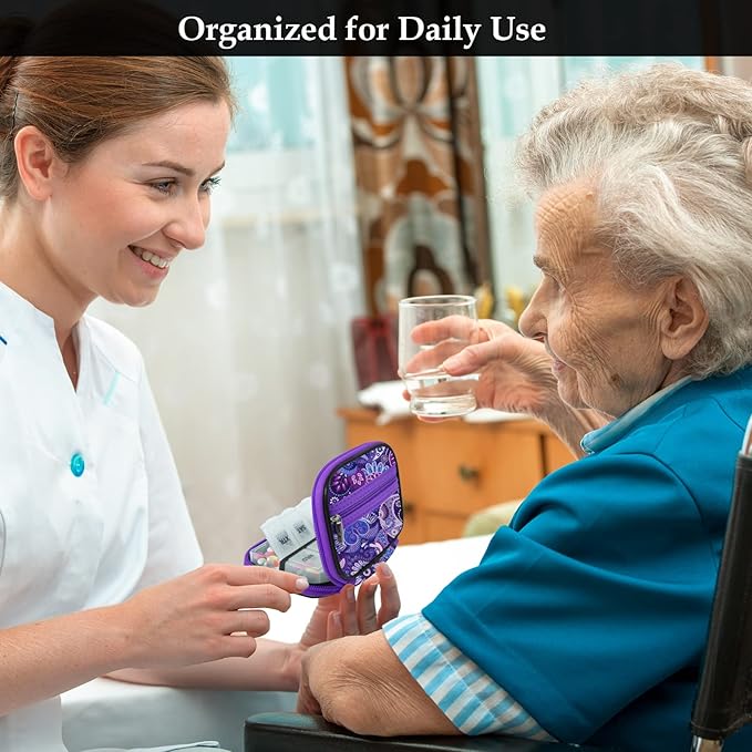 Serfeymi Weekly Travel Pill Organizer Pill Case for Purse with Removable 7 Day Pill Box, Fashionable Travel Medicine Organizer Pill Container for Medicine, Vitamin, Supplement - Black 01 + Purple 01