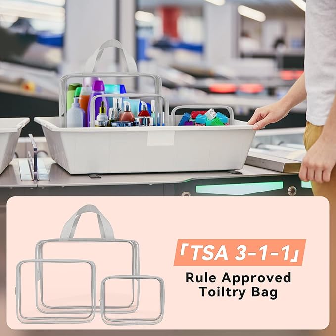 TISRATOK 10 PCS Clear Travel Makeup Toiletry Bag, Plastic PVC Cosmetic TSA Approved Organizer Kit with Zipper Handbag（Grey）
