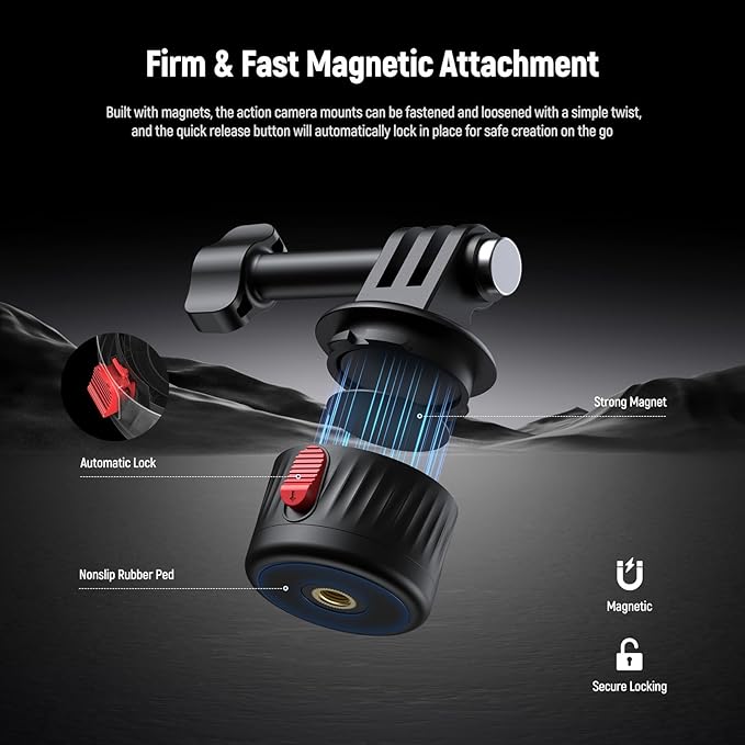 NEEWER GP-24 Action Camera Mount Accessories Kit for POV Shots, 4 in 1 ABS Magnetic Quick Release Mount with 1/4" Thread & Cleaning Cloth Compatible with GoPro DJI Osmo Action Insta360