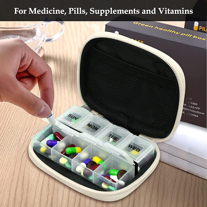 Serfeymi Weekly Travel Pill Organizer Pill Case for Purse with Removable 7 Day Pill Box, Fashionable Travel Medicine Organizer Pill Container for Medicine, Vitamin, Supplement - Yellow 01