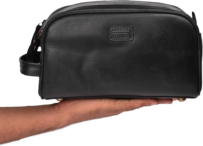 LEATHER VILLAGE Premium Leather Toiletry Travel Pouch With Waterproof Lining - Black | King-Size Handcrafted Vintage Cosmetic Organizer & Shaving Essential Bag