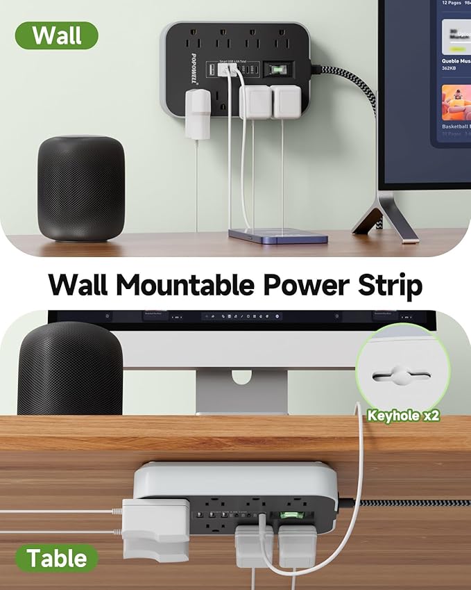 Power Strip Surge Protector- 5FT Flat Plug Extension Cord, 8 AC Outlet& 6 USB Ports(3 USB C), 1080 J Surge Protection, Desk Charging Station, Overload Switch, Home, Office, Gaming Room Essentials.