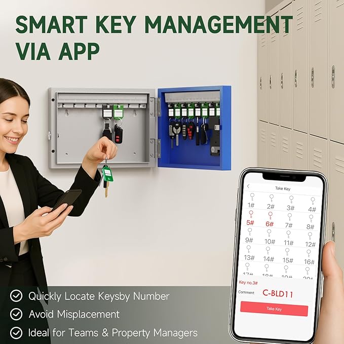 WeHere 16 Key Lock Box Wall Mount, APP Bluetooth/One Time Password Share/Wi-Fi Remote/Fixed Code/Key Unlock, Smart Key Cabinet, Key Organizer Box for Apartment, Hotel, Office, House Key Manage