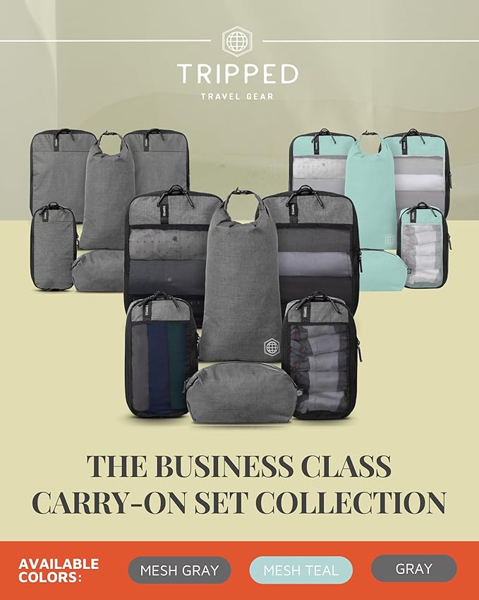 Premium Compression Packing Cubes for Travel, Compression Packaging Cube, Zip Bags Premium 6-Piece Set with laundry bag and shoe bag by TRIPPED Travel Gear (Grey Mesh)