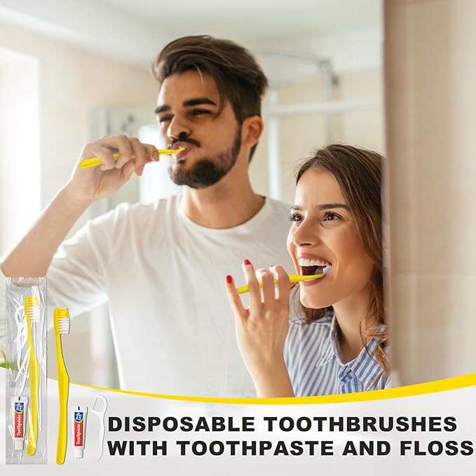 100pcs Disposable Toothbrushes with Toothpaste and Floss,Yellow Bulk Single Use Toothbrush Floss Pick Individually Wrapped Disposable Travel Toothbrushes Kit for Homeless,Airbnb,Hotel,Guest