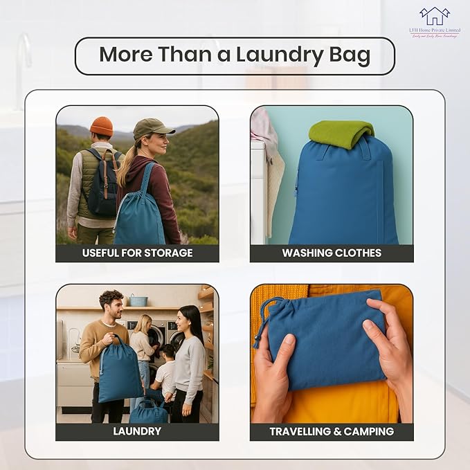 LFH Home Cotton Canvas Large Laundry Bag with Handle, Heavy Duty Drawstring Closure Washable Laundry Bags, School Travel, Home, Hotel, College Dorm, Organizer Sack, Toys Clothes 20x30-Sky Blue