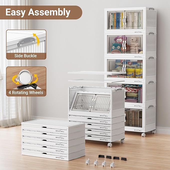 BROVIEW 300Qt Stackable Storage Bins with Lid, Extra Large Closet Organizer Collapsible Drawer Boxes with Wheels, Folding Plastic Cabinet Containers for Home Kitchen Room Organization, 5Pack White