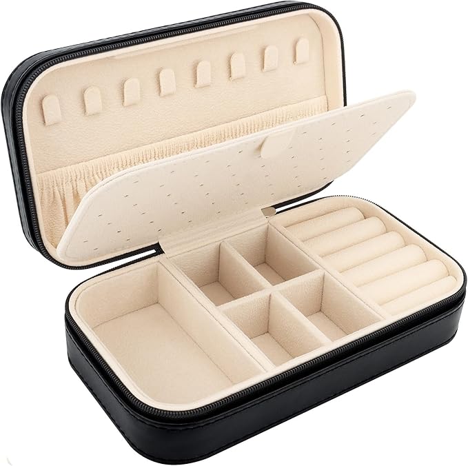 DesignSter Travel Jewelry Box, PU Leather Portable Jewelry Case, Small Jewelry Boxes for Gifts, Travel Jewelry Organizer for Women Rings Earrings Necklaces Bracelets (Black)