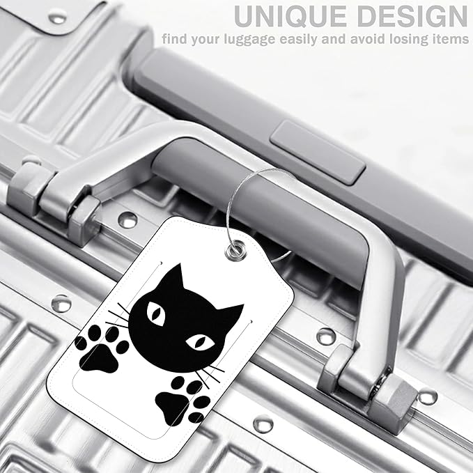 2 Pcs Cute Black Cat Luggage Tags for Suitcases PU Leather Paw Baggage Tags Name ID Label with Privacy Cover and Stainless Steel Loop for Men Women Travel Bag Suitcase