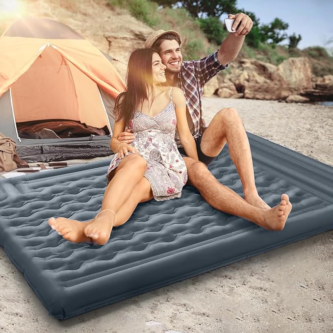 Double Sleeping Pad Camping, Self Inflating 6'' Extra-Thick 2 Person Pillow Built-in Foot Pump Waterproof Inflatable Sleeping Mat Backpacking, Tent, Hiking, Portable Camping Pad (Light Gray)