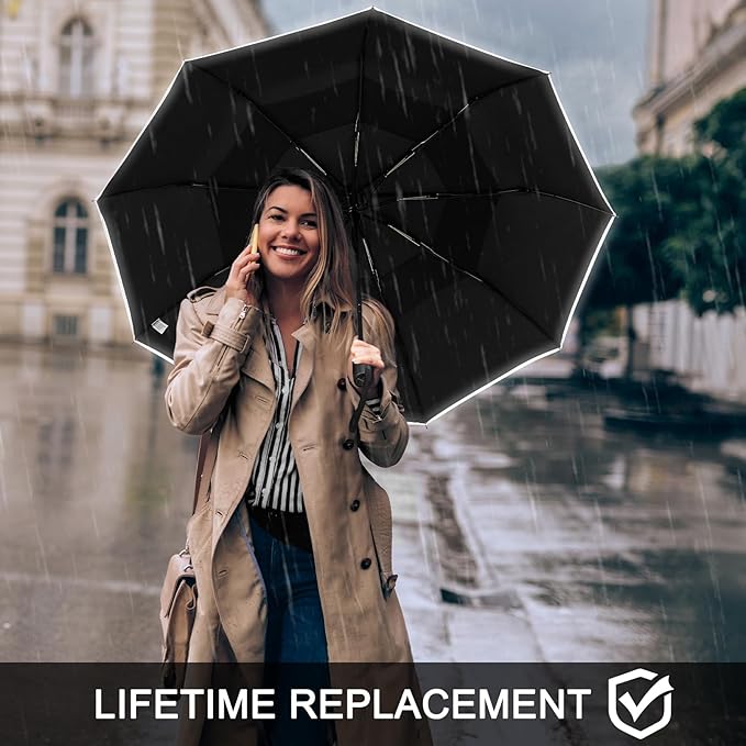 G4Free 42 Inch Eco Windproof Folding Umbrella for Rain & Sun 9 Ribs Wind Resistant Strong Fiberglass Double Canopy with Reflective Strip for Women Men Auto Open Close For Car & Backpack