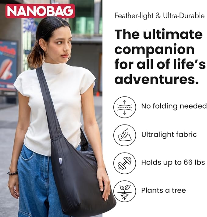 Nanobag Ultra-Lightweight Foldable Sling for Women & Men, Reusable Grocery & Travel Bag, Packable Collapsible Compact Market Crossbody (Sling Black)