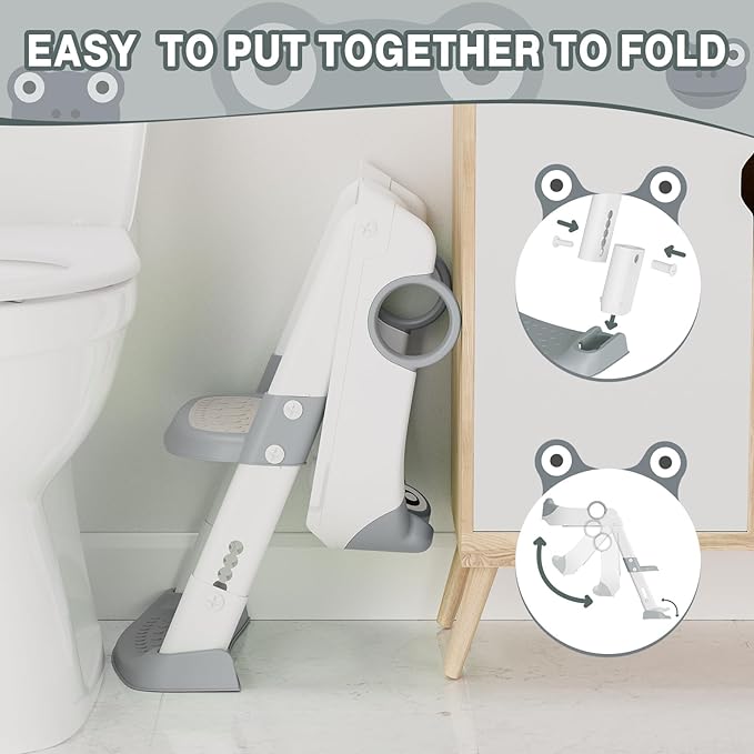 Potty Training Seat with Step Stool Ladder, Toddler Toilet Seat with PU Cushion, Adjustable 5-Level Height, Foldable Potty Training Toilet for Kids Boys Girls, Anti-Slip Pads Ladder