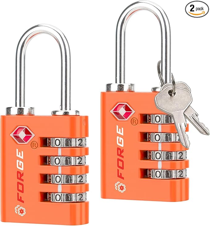 Forge Dual-Opening: Key or Combination Access Lock, TSA Approved Locks for Luggage, Pelican case, Travel, Gym, School, Stainless Steel Shackle.(Orange, 2 Pk)