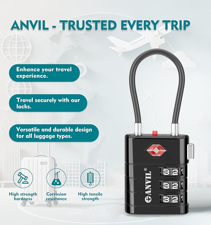 ANVIL TSA Approved Luggage Locks – High Security TSA008 Combination Travel Locks with Inspection Indicator for Suitcases and Backpacks. (2, Black)