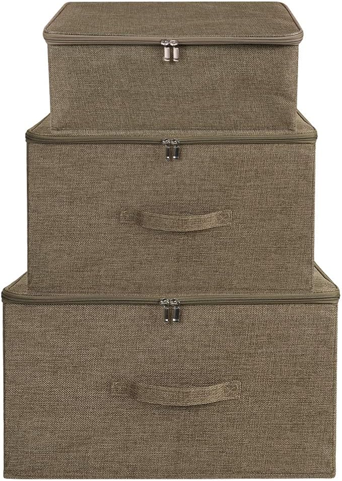 ANMINY 3PCS Storage Bins with Zipper Lids 13 Qt Lidded Fabric Storage Boxes Baskets Cubes with Handles Collapsible Washable Cotton Linen Closet Shelf Clothes Organizer Containers - Coffee, Small