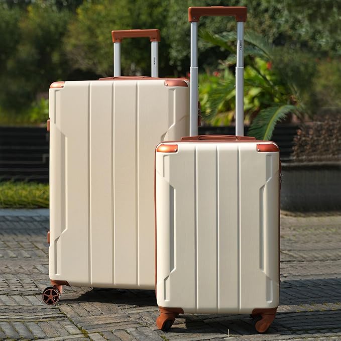 Merax 24 Inch Expandable Checked Luggage, Hardshell ABS Medium Suitcase with Spinner Wheels, TSA Lock, Lightweight Durable Travel Suitcase for Men Women(White Brown)