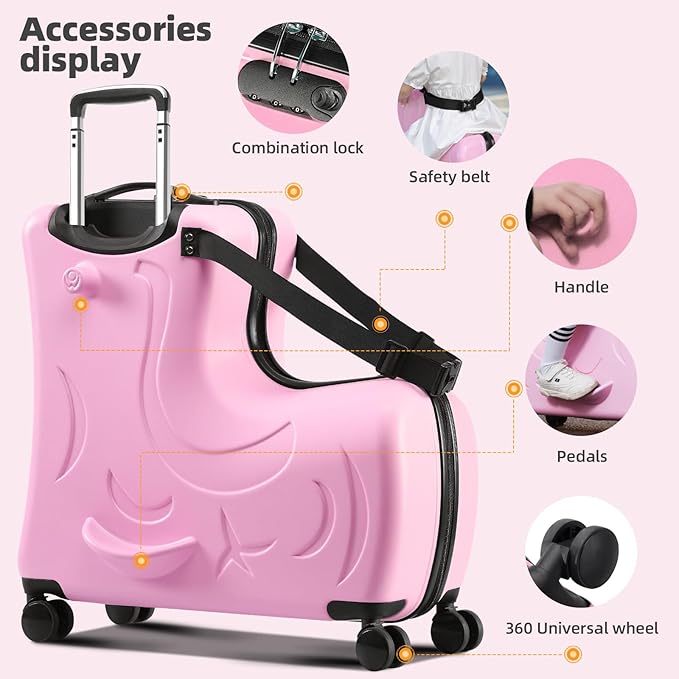 N-A Kids Ride On Suitcase with Wheels, Scooter Luggage for Toddlers Travel, Durable Children's Suitcase for Boys & Girls Ages 2-19 Years