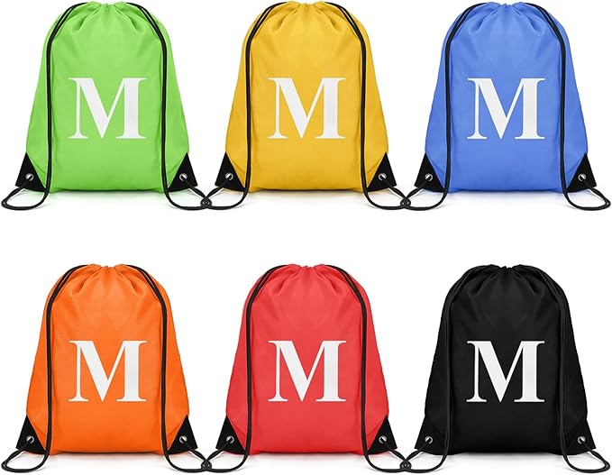 ZOMFELT 6Pcs Drawstring Backpack Drawstring Gym Bags, Foldable Draw String Backpack with Multiple Colors and Letters, Lightweight Polyester Cinch Bag for Gift, Beach, Sports, Travel, Swim (Letter M)