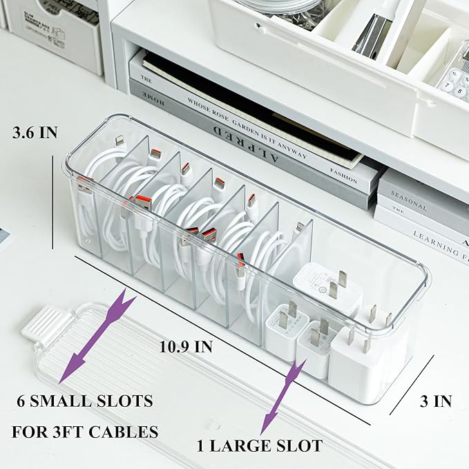 Yesesion 2 Pack Cord Organizer Box with Lid, Clear Desk Drawer Accessories Storage Case for Home Office Supplies, Art Crafts, Phone Charger, USB Cables, Marker Pen, Pencil Holder