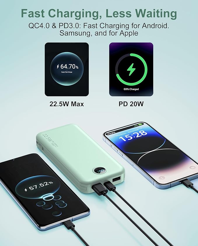 Portable Power Bank, 12000mAh 22.5W Phone Charger with Built-in Cables and Wall Plug, USB C Fast Charging Battery Bank with Smart LED Display, External Battery Pack for iPhone, iPad, Samsung etc Green