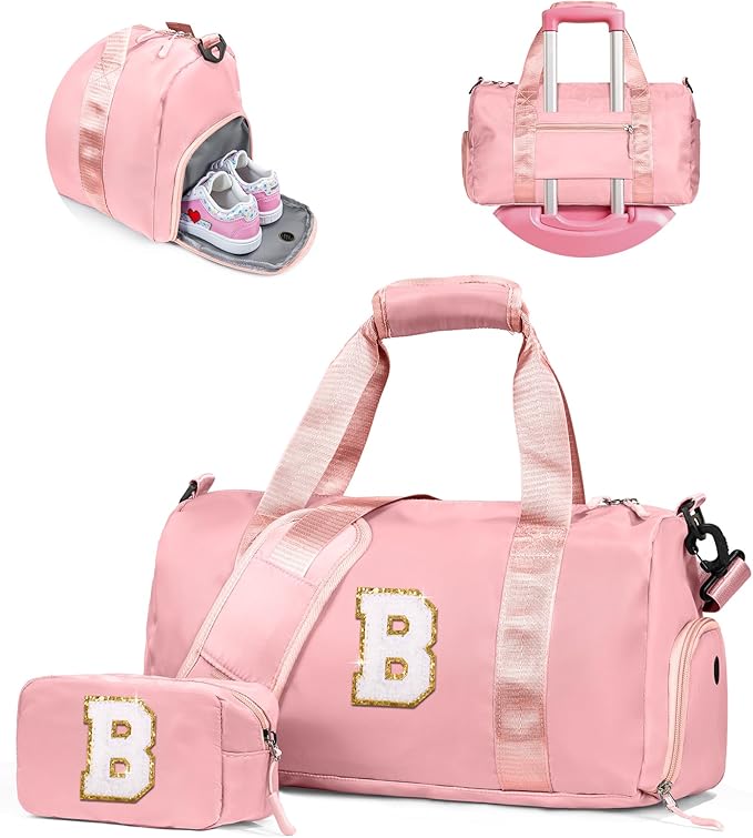 Birthday Gifts for 3 4 5 6 7 8 9 10 11 12 Year Old Girls-Girl Gym Bag with Shoe Compartment, Kid Personalized Weekender Overnight Bags, Initial Travel Tote with Makeup Pouch (Letter B)