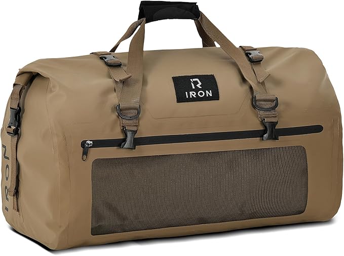 IRON JIA'S Motorcycle Dry Bag - Waterproof Duffle & Luggage Tail Bag Saddle Bags with Roll Top Closure, Shoulder Straps, Inner Pocket and Mesh Pocket (Brown, 70L)