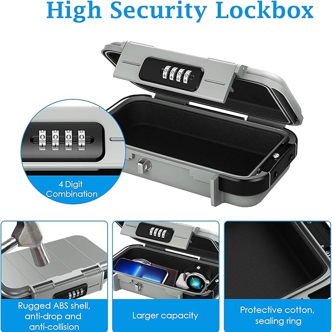 AMIR Portable Safe Box, Combination Security Case LockBox with Code, Waterproof Anti-Theft Mini Travel Safe Box with Removable Chain, Security Box for Home,Office, Grey