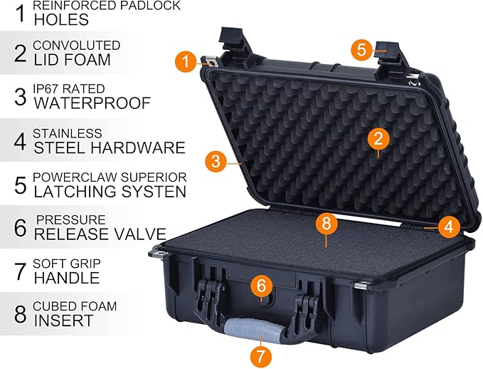 MEIJIA Portable All Weather Waterproof Camera Case With Foam,Fit Use of Drones,Camera,Equipments,Pistols,15.98x12.99x6.85inches