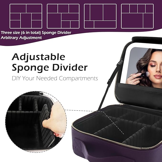 MOMIRA Travel Makeup Bag Cosmetic Bag with Lighted Mirror, Adjustable Brightness in 3 Color Scenarios, Waterproof, 10x Magnifying Mirror, Rotatable Independent Light Mirror- Deep purple (Solid)
