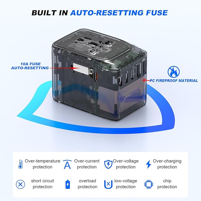 Universal Travel Adapter, PD 35W 7 in 1 International Power Plug Adapter with 7.0A 4 USB-C and 2 USB-A Fast Wall Charger, Worldwide AC Outlet for US Europe UK AUS (Black+Blue)