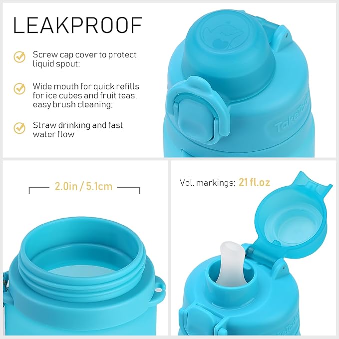 TakeToday Collapsible Water Bottles 20oz, Leak Proof, BPA-Free, Foldable Silicone Travel Water Bottle with Straw Strap for Cycling, Hiking, Outdoors