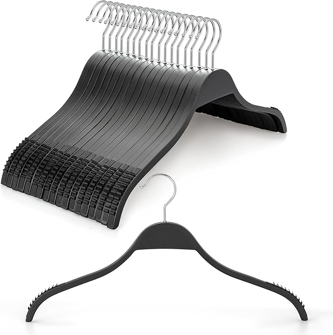 TOPIA HANGER Slim Wooden Hangers with Extra Soft Non-Slip Rubber Grips, 18-Pack High-Grade Fashion Black Hanger No Shoulder Bump for Sweater, Camisole, Jacket, Dress, Coat-CT16B