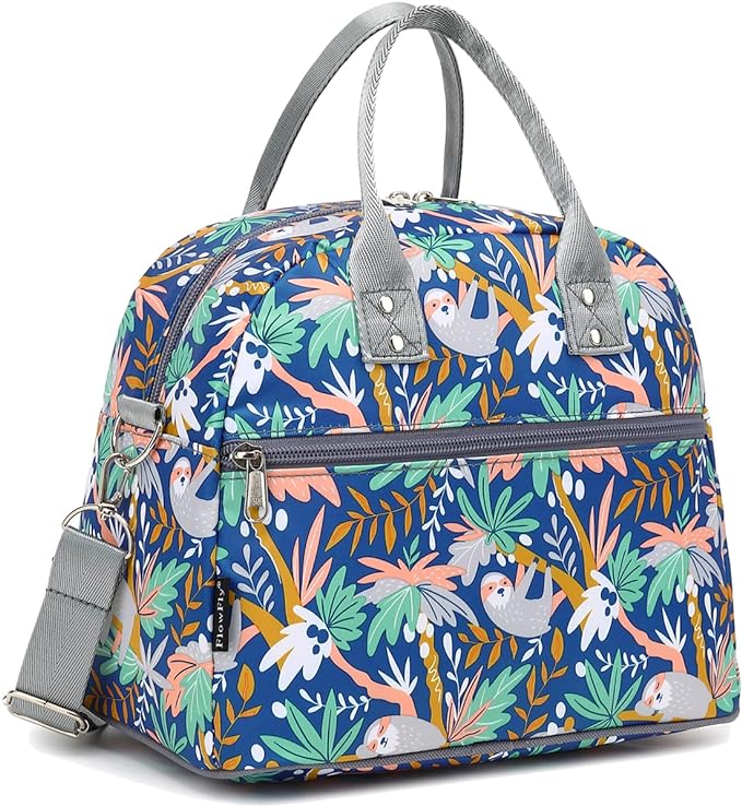 FlowFly Insulated Lunch Bag With Shoulder Strap for Women, Men, and Kids, Large and Reusable, Handle, Freezable Work and School Travel Tote and Meal Prep Organizer,Sloth