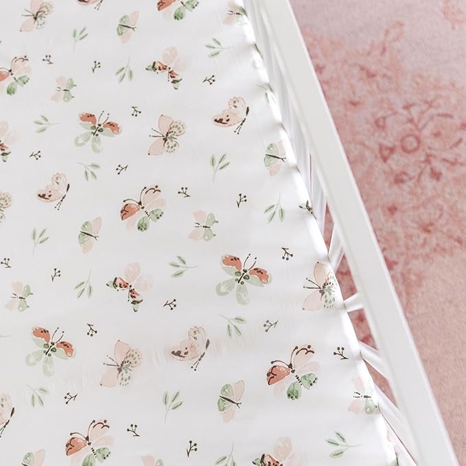 Crane Baby Crib Sheet - 100% Cotton, Breathable Fitted Sheet for Standard Crib Mattress (28"x 52"), Butterfly Pattern for Boys and Girls