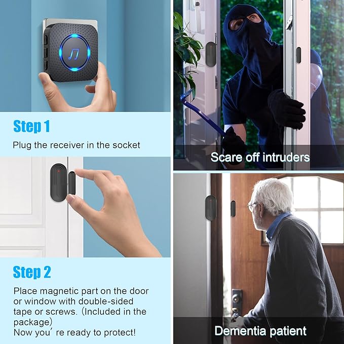 SanJie Door Sensor Chime for Door Opens, Door Entry Chime for Business/Home/Office/Store,600 FT Range,55 Chimes 5 Adjustable Volume Door Ringer Alert Alarm 1 Receivers +3 Sensors