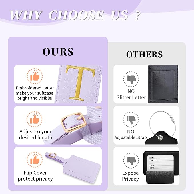 Personalized Initial Luggage Tags for Suitcase, Purple Leather Cute Luggage Tags with Privacy Cover Name Card, Embroidered Custom Monogrammed Luggage Tag Travel Backpack Tags Gifts for Women Kids(T)