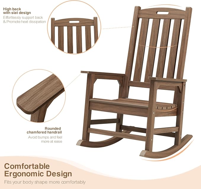 Psilvam Outdoor Rocking Chair, Poly Lumber Oversized Rocking Chair with 21" Wide Seat and 32" Tall Backrest, Pre-Assembled with Most Components for Effortless Installation(Bright Brown)
