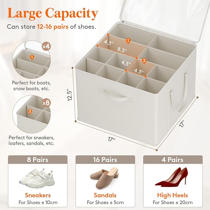 Lifewit Shoe Storage Organizer for Closet, Fits 12-16 Pairs, Large Shoe Box Storage Containers with Clear Cover and Reinforced Handles, Foldable Storage Bins Fits for Boots Heels Sneakers White