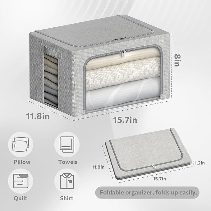 4 Pack Clothes Storage Bins with Metal Frame - Linen Fabric Foldable Stackable Container Organizer Set with Clear Window & Carry Handles & Zippers (Light Grey, 15.7"x11.8"x7.8")