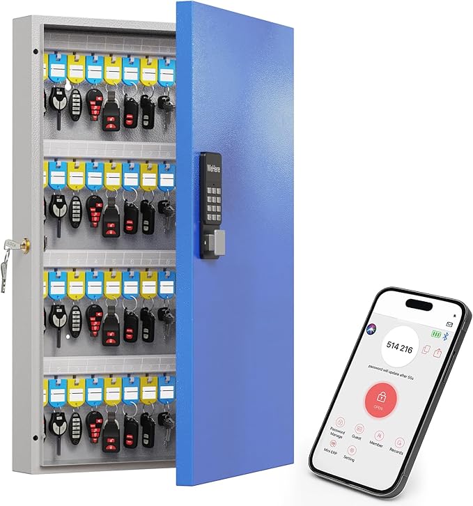 WeHere 96 Key Lock Box(Plus) Wall Mount, APP Bluetooth/One Time Password/Wi-Fi Remote/Fixed Code/Key Unlock, Smart Key Cabinet, Key Organizer box for Car Dealert, Hotel, Office, Real Estate Key Manage