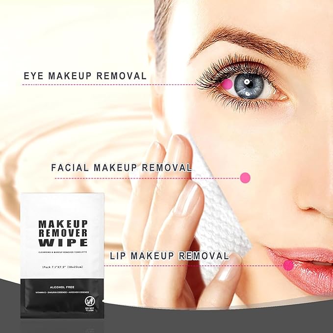 200 Count Makeup Remover Wipes Individually Wrapped Makeup Wipes Bulk Face Cleansing Wipes,Individual Wet Wipes, Travel Towelette Makeup Remover Cloth for Face Cleansing Skin Care Remove Makeup(Black)