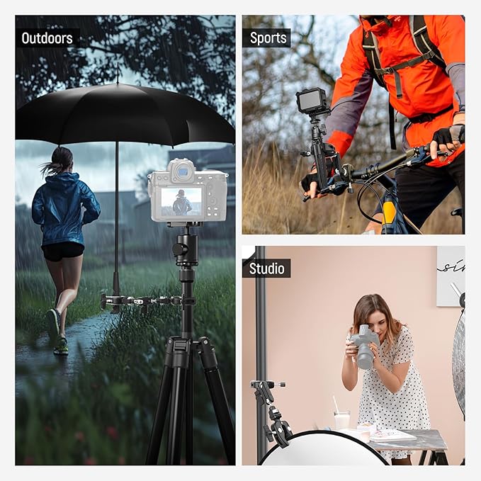 NEEWER Double Super Clamp Camera Mount with Magic Arm, NATO Interface, Cold Shoes, 1/4" Locating Holes for ARRI, Desk Studio Photography Light Stand Pole Cross Bar Umbrella Holder Clamp Mount, UA060