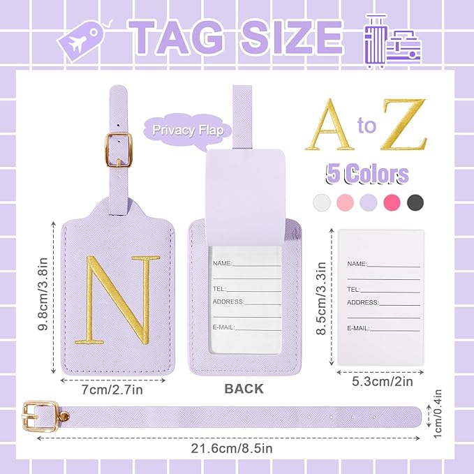 Personalized Initial Luggage Tags for Suitcase, Purple Leather Cute Luggage Tags with Privacy Cover Name Card, Embroidered Custom Monogrammed Luggage Tag Travel Backpack Tags Gifts for Women Kids(N)