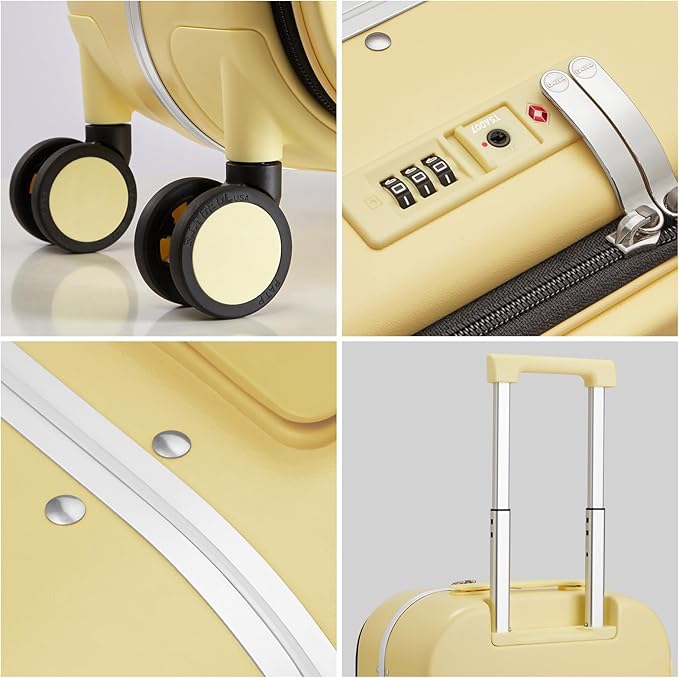 mixi Carry On Luggage, 20'' Suitcase with Front Laptop Pocket, Travel Rolling Luggage Aluminum Frame PC Hardside with Spinner Wheels & TSA Lock and Cover - Lark Yellow