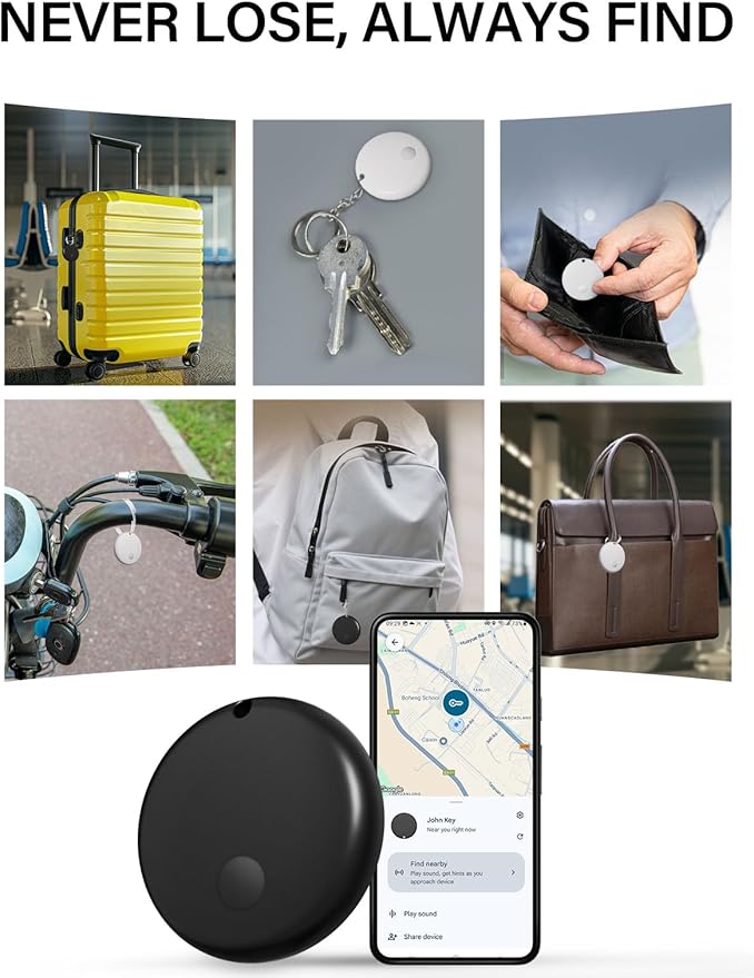 Android Tracker Tags, Works with Google's Find Hub App (Android only), Key Finder Item Locator Tracking Device Smart Tags for Luggage, Wallet, Vehicles, Keys (Black, 2 Pack)