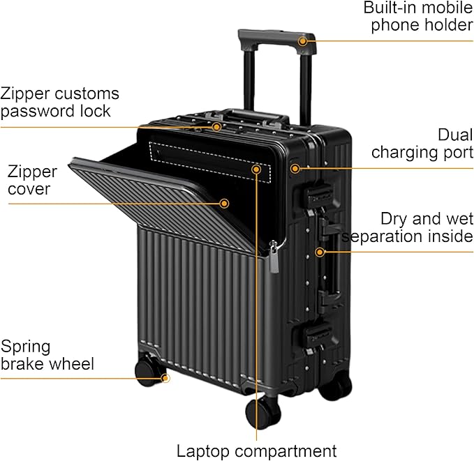 Hard Shell Luggage 20 Inch Travel Luggage, 22x14x9 Airline Approved with TSA Lock, ABS Aluminum Frame, Lightweight Travel Luggage 20'' 24'' 26'' Carry-On (Upgraded Black, 20 Inch)