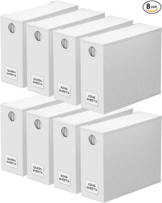 SpaceAid 8 Pack Bed Sheet Organizers and Storage, Foldable Organizer for Linen Closet, Sheets Set Folder Keeper with Window XL (Queen & King Size) Organizing Bedding Container, White 91ZDSN-SL24-W8