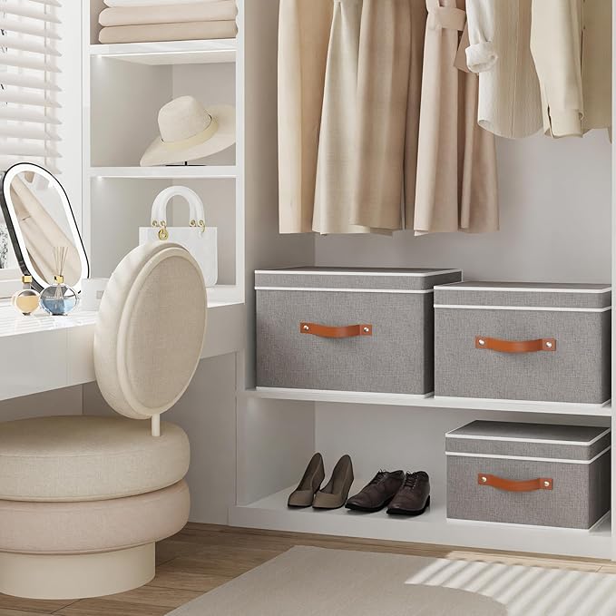Collapsible Storage Bins with Lids, 5 Pack Linen Foldable Cloth Baskets, 15 x 9.8 x 9.8 Inch Closet Organizer Containers with Double Handles, Sweater Boxes for Bedroom, Grey