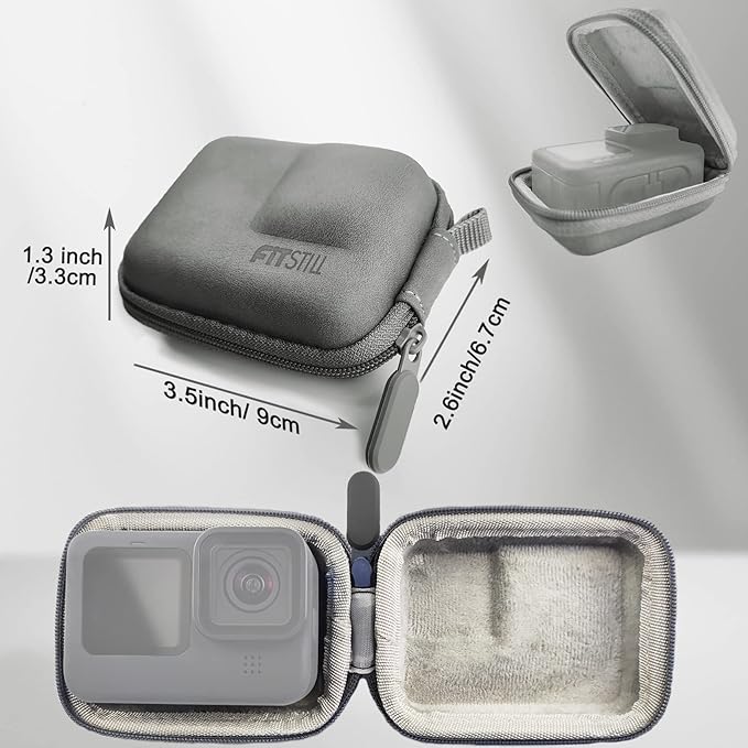 FiTSTILL Grey PU Mini Carrying Case for Go Pro Hero 12/11/10/9/8/7/(2018)/6/5 Black,Hard Shell Travel Storage Case for DJI Osmo Action,AKASO,Campark,YI Action Camera and More